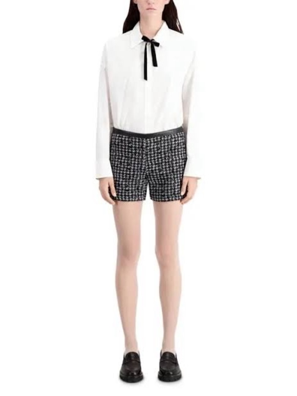 NWT The Kooples Black White Tweed Houndstooth Shorts Faux Leather Trim Size 1